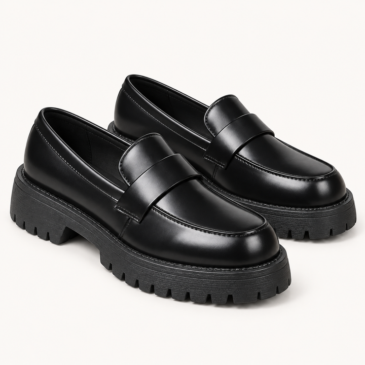 Giada black platform loafers, isolated front three-quarter view