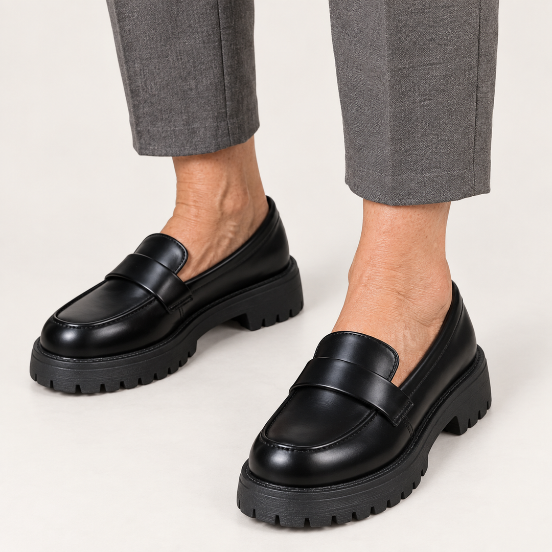 Giada black platform loafers worn, close product view
