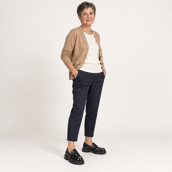 Giada black platform loafers worn by a mature British woman