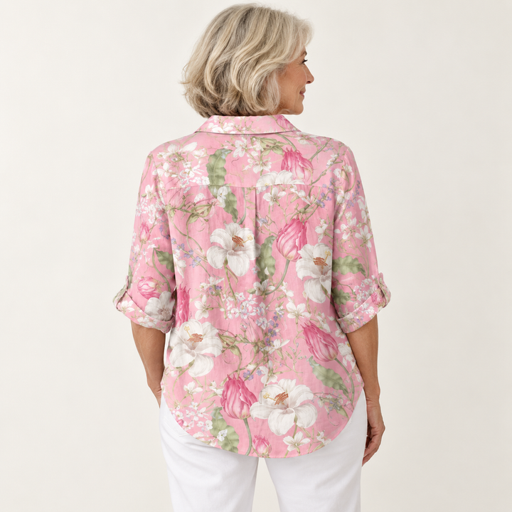 Gobnait pink floral shirt on mature model, back view