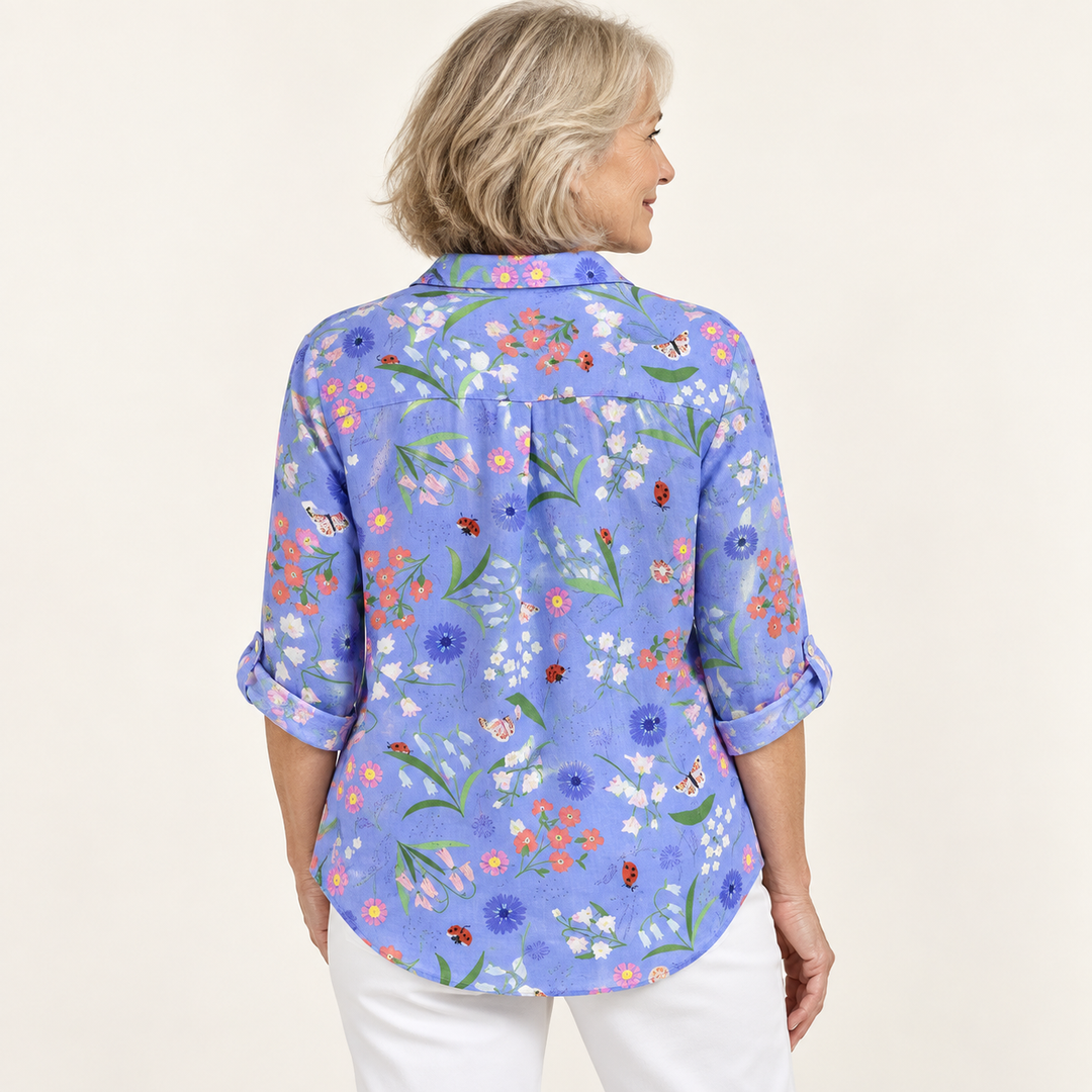 Gormfhlaith blue floral shirt on mature model, back view