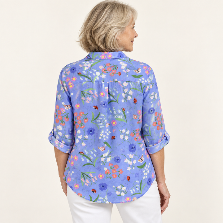 Gormfhlaith blue floral shirt on mature model, back view