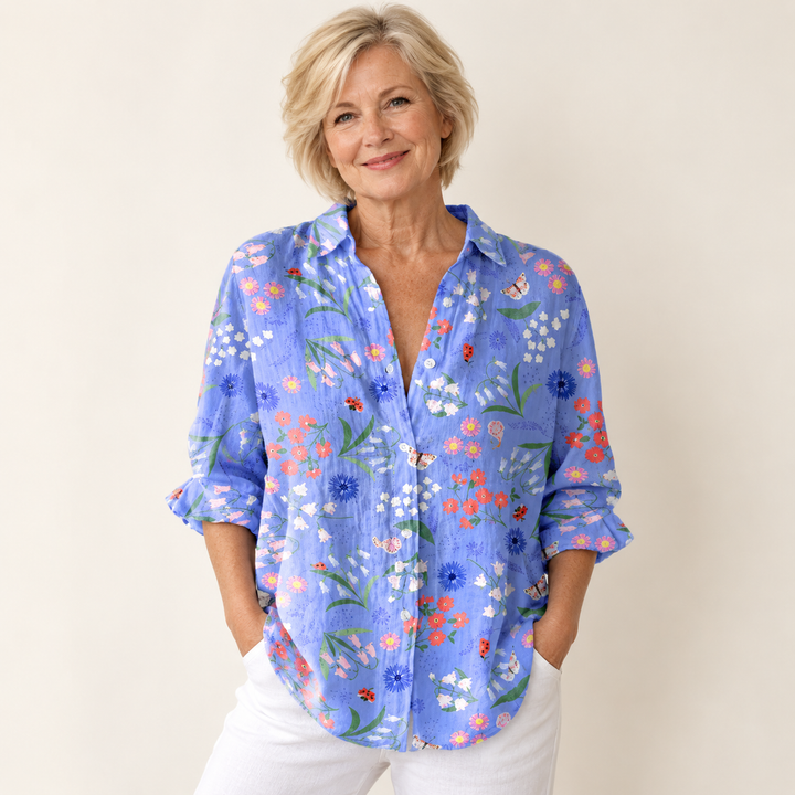 Gormfhlaith floral blouse on mature model, front view