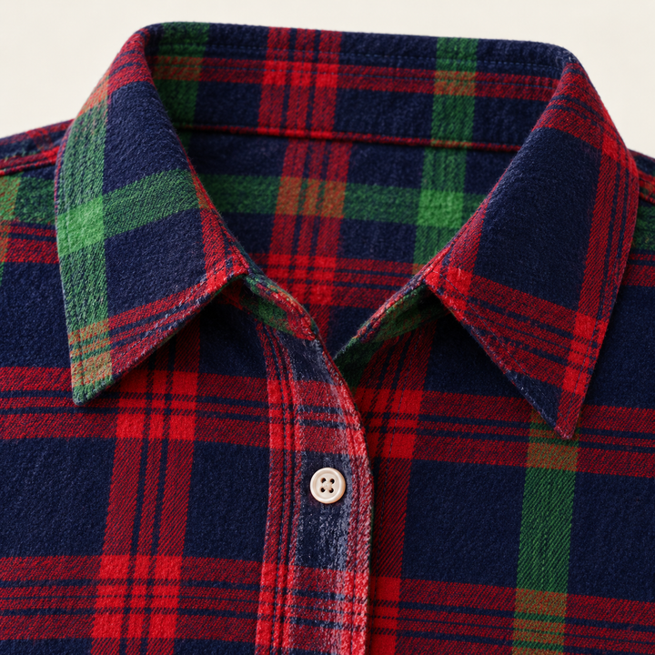 GUNELLE checked shirt fabric, collar and button finish close-up