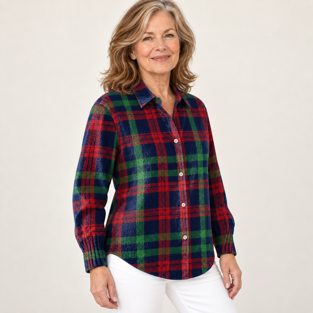 GUNELLE checked shirt worn by a mature British woman in a three-quarter studio view