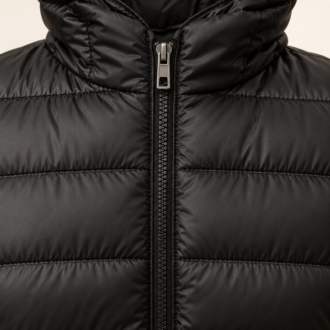 HELSA Black padded jacket fabric, quilting and zip close-up
