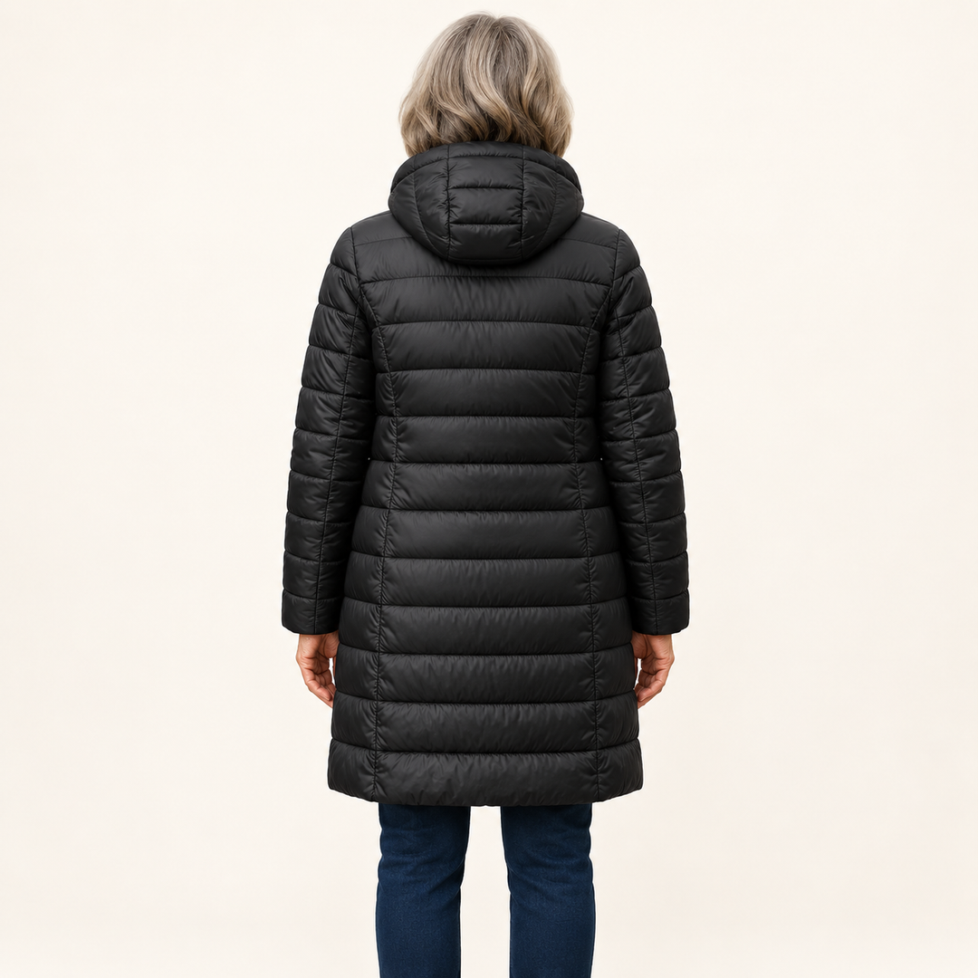HELSA Black padded jacket — inferred back view on mature model