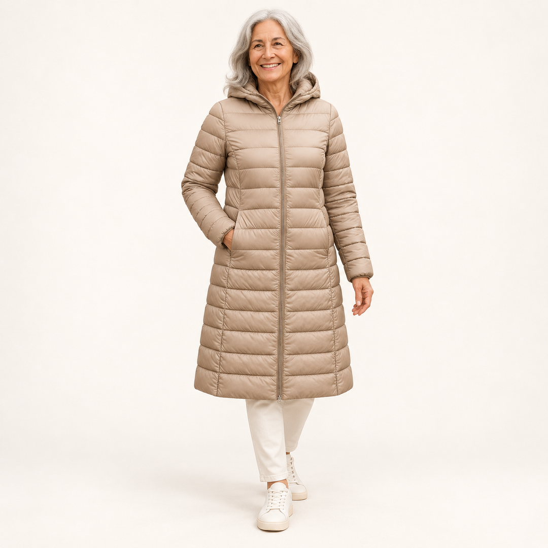 HELSA Champagne padded jacket — clean studio context on mature model