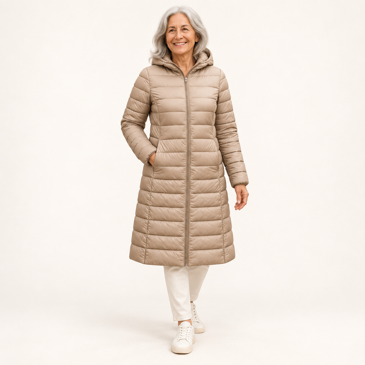 HELSA Champagne padded jacket — clean studio context on mature model