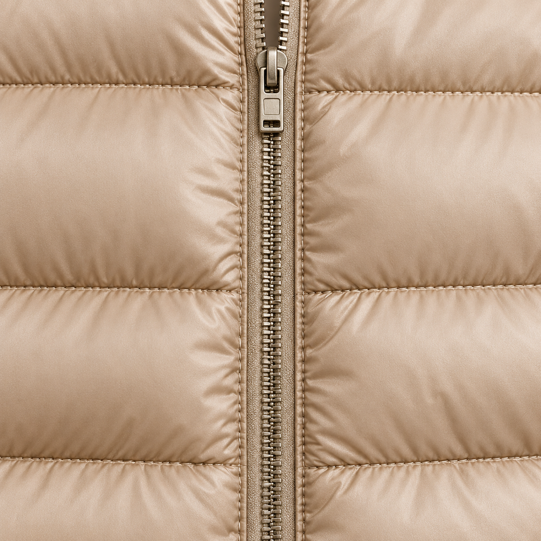 HELSA Champagne padded jacket fabric, quilting and zip close-up
