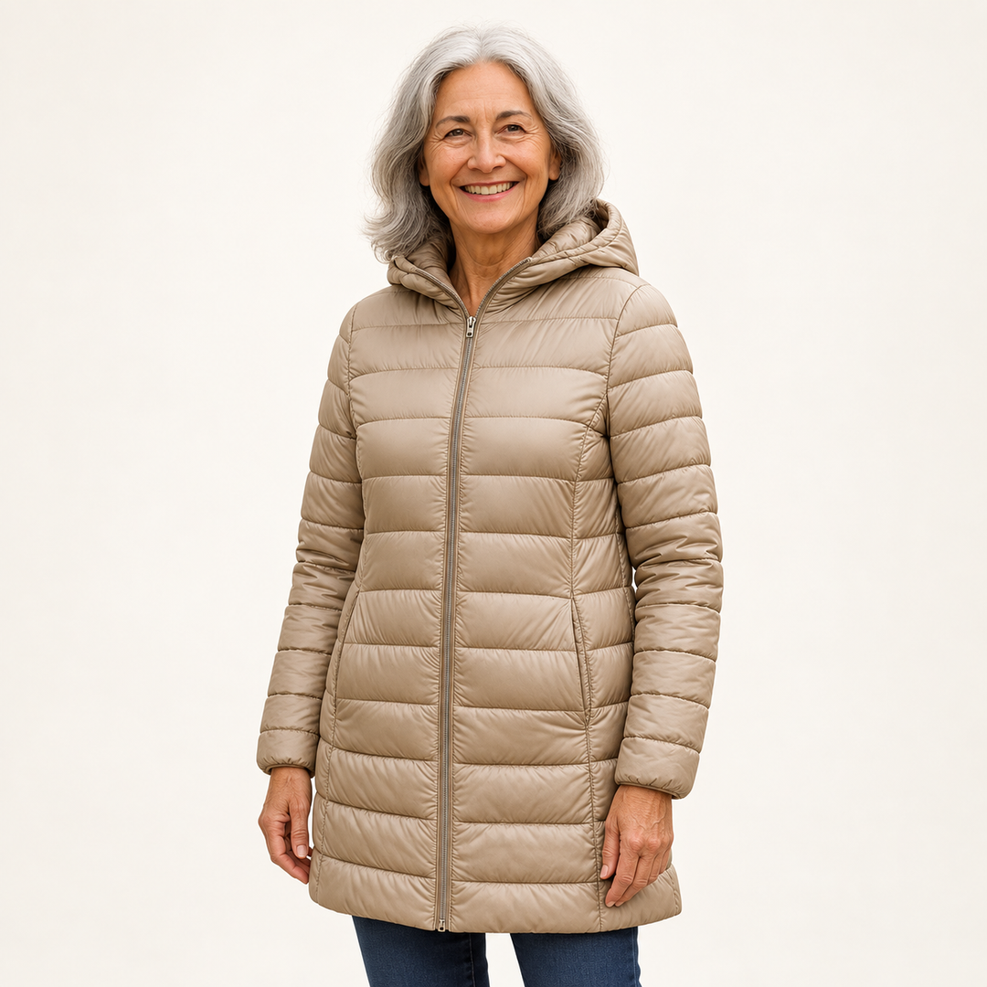 HELSA Champagne padded jacket on mature British model, three-quarter view