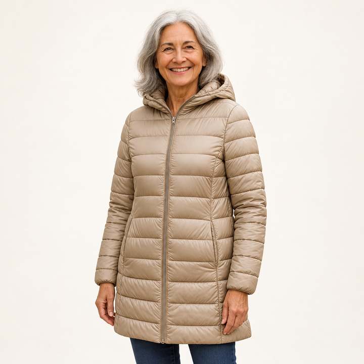 HELSA Champagne padded jacket on mature British model, three-quarter view