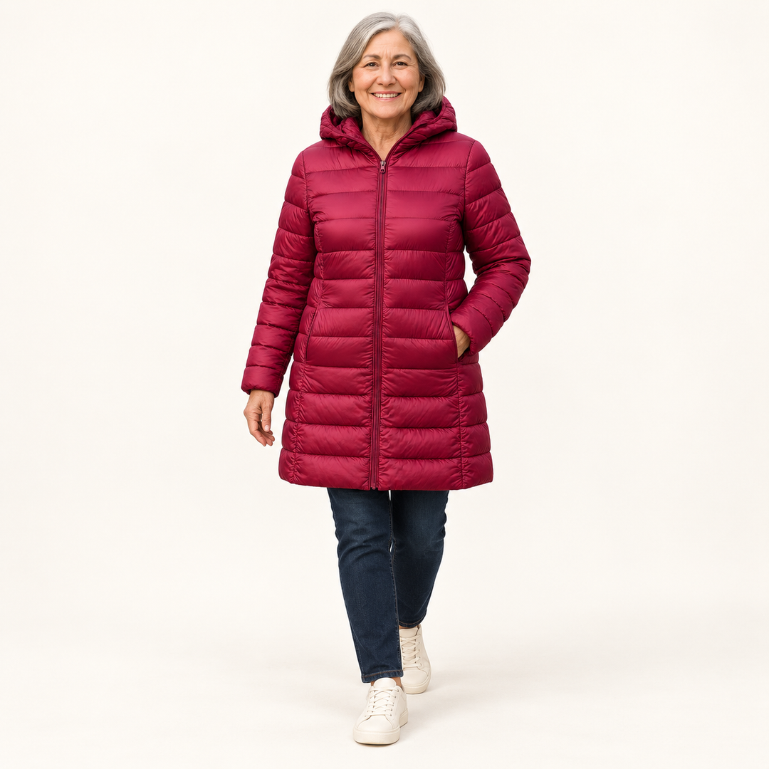 HELSA Dark Red padded jacket — clean studio context on mature model