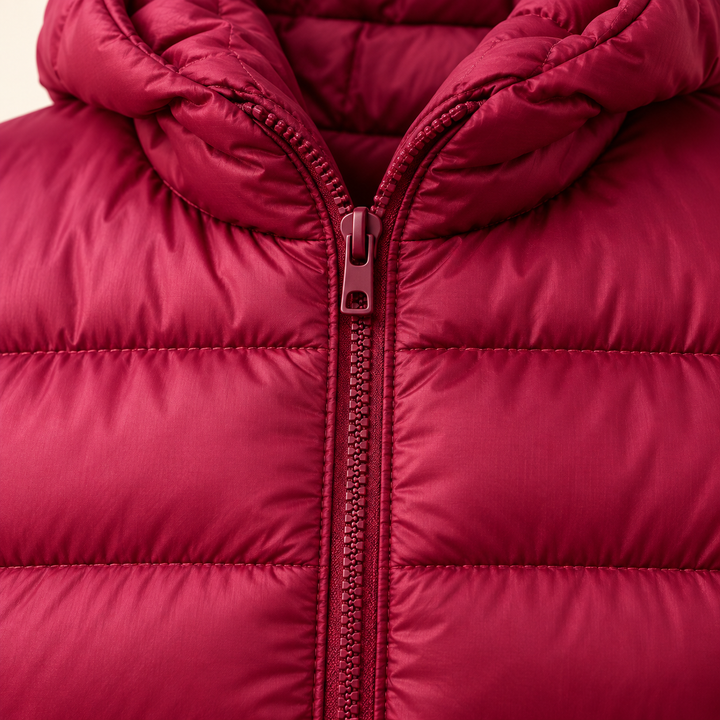 HELSA Dark Red padded jacket fabric, quilting and zip close-up