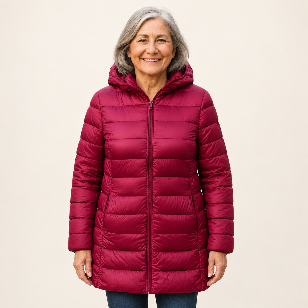 Mature British woman wearing the HELSA Dark Red padded jacket on a clean warm off-white studio background