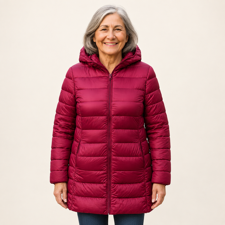 Mature British woman wearing the HELSA Dark Red padded jacket on a clean warm off-white studio background
