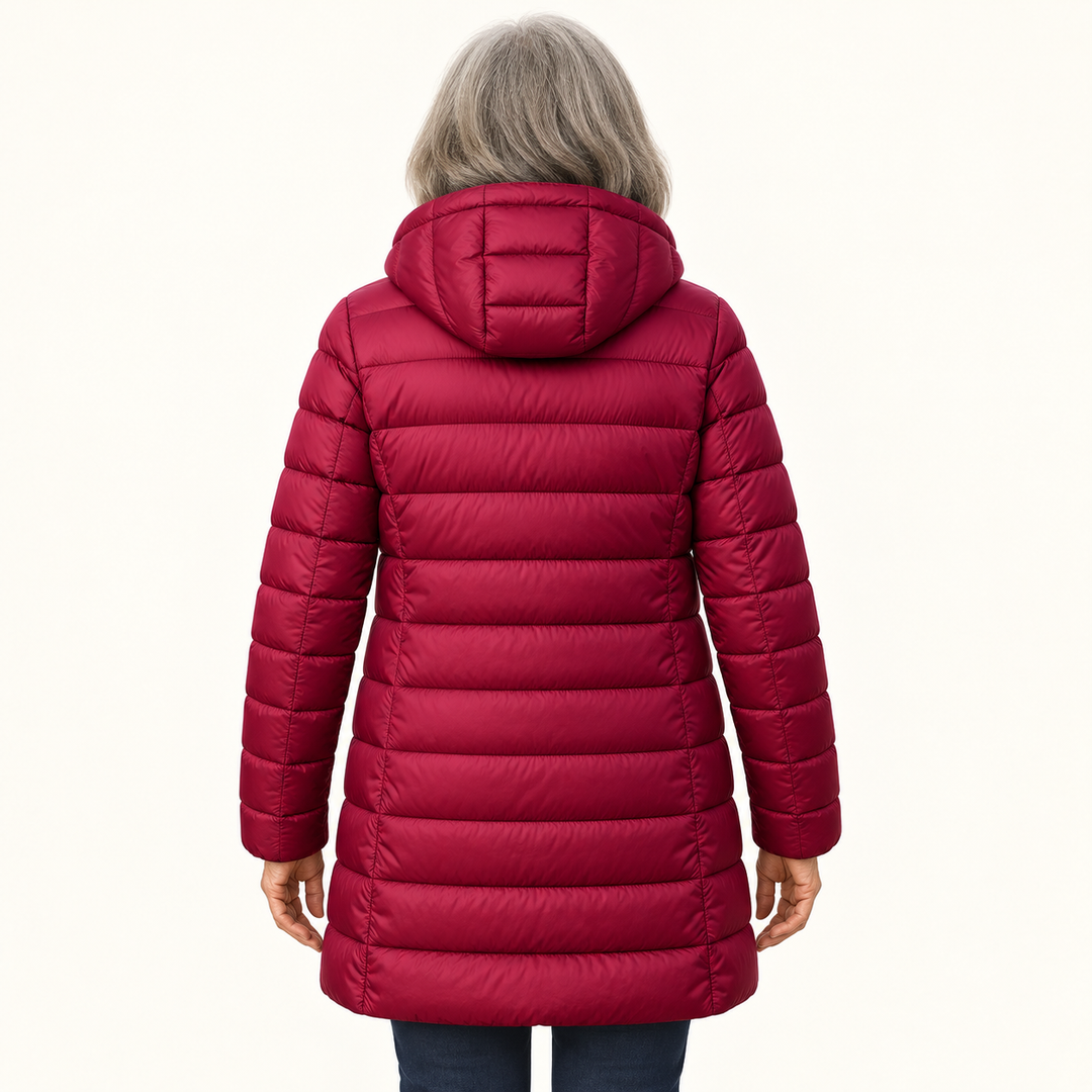 HELSA Dark Red padded jacket — inferred back view on mature model