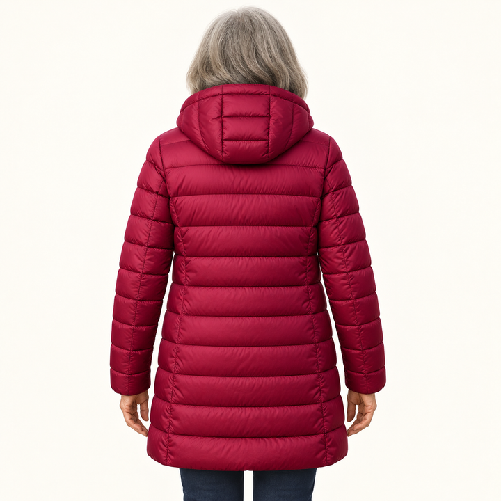 HELSA Dark Red padded jacket — inferred back view on mature model