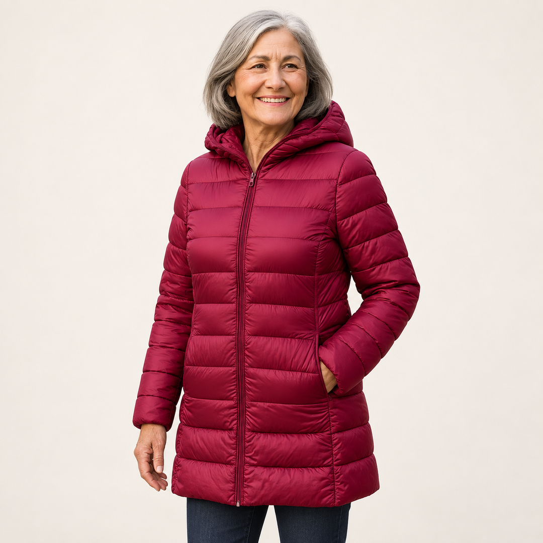 HELSA Dark Red padded jacket on mature British model, three-quarter view