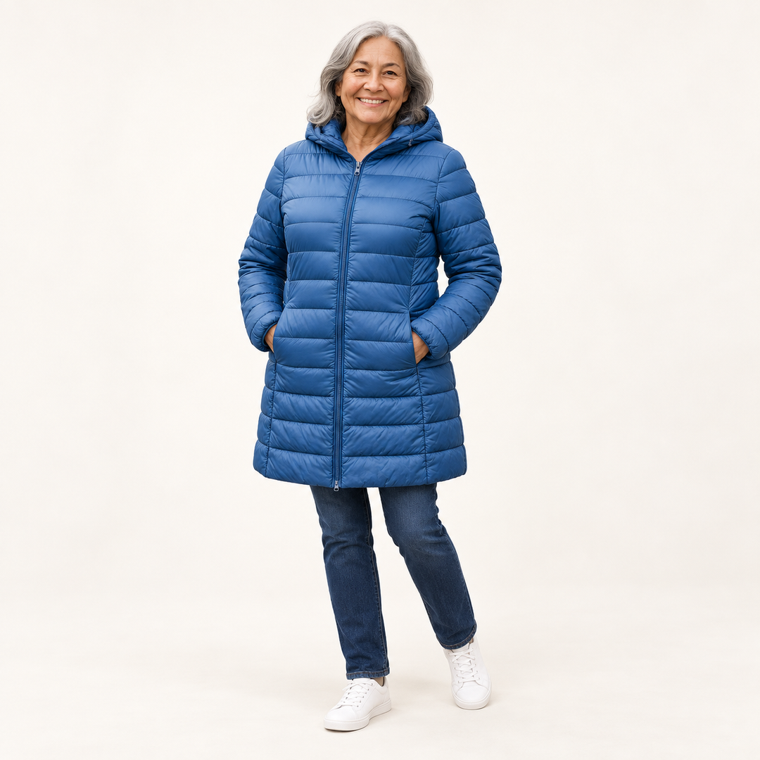 HELSA Indigo padded jacket — clean studio context on mature model