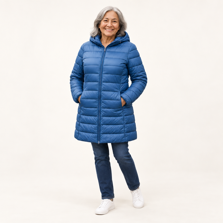 HELSA Indigo padded jacket — clean studio context on mature model