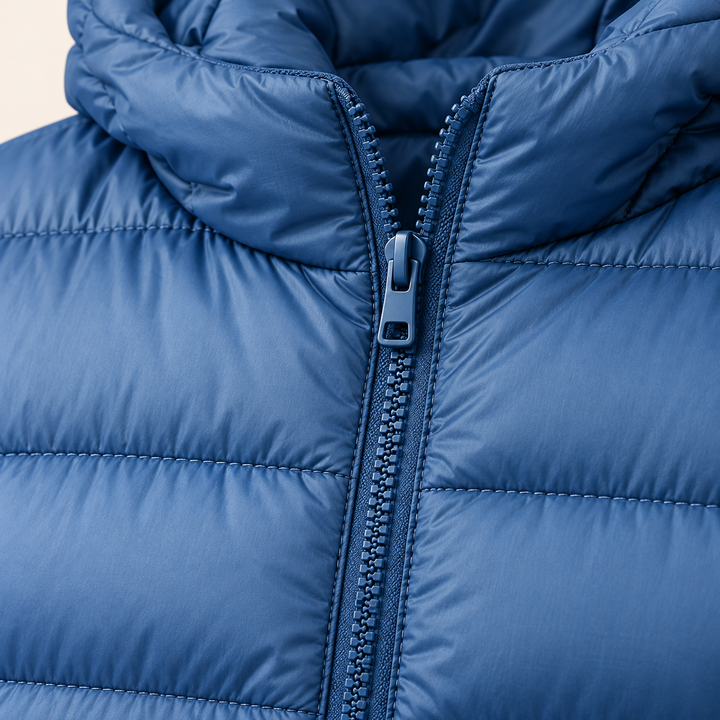 HELSA Indigo padded jacket fabric, quilting and zip close-up