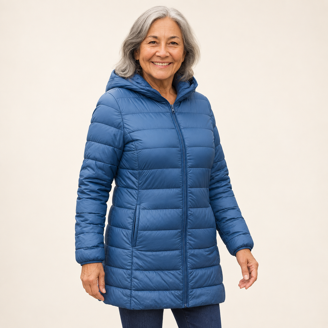 HELSA Indigo padded jacket on mature British model, three-quarter view