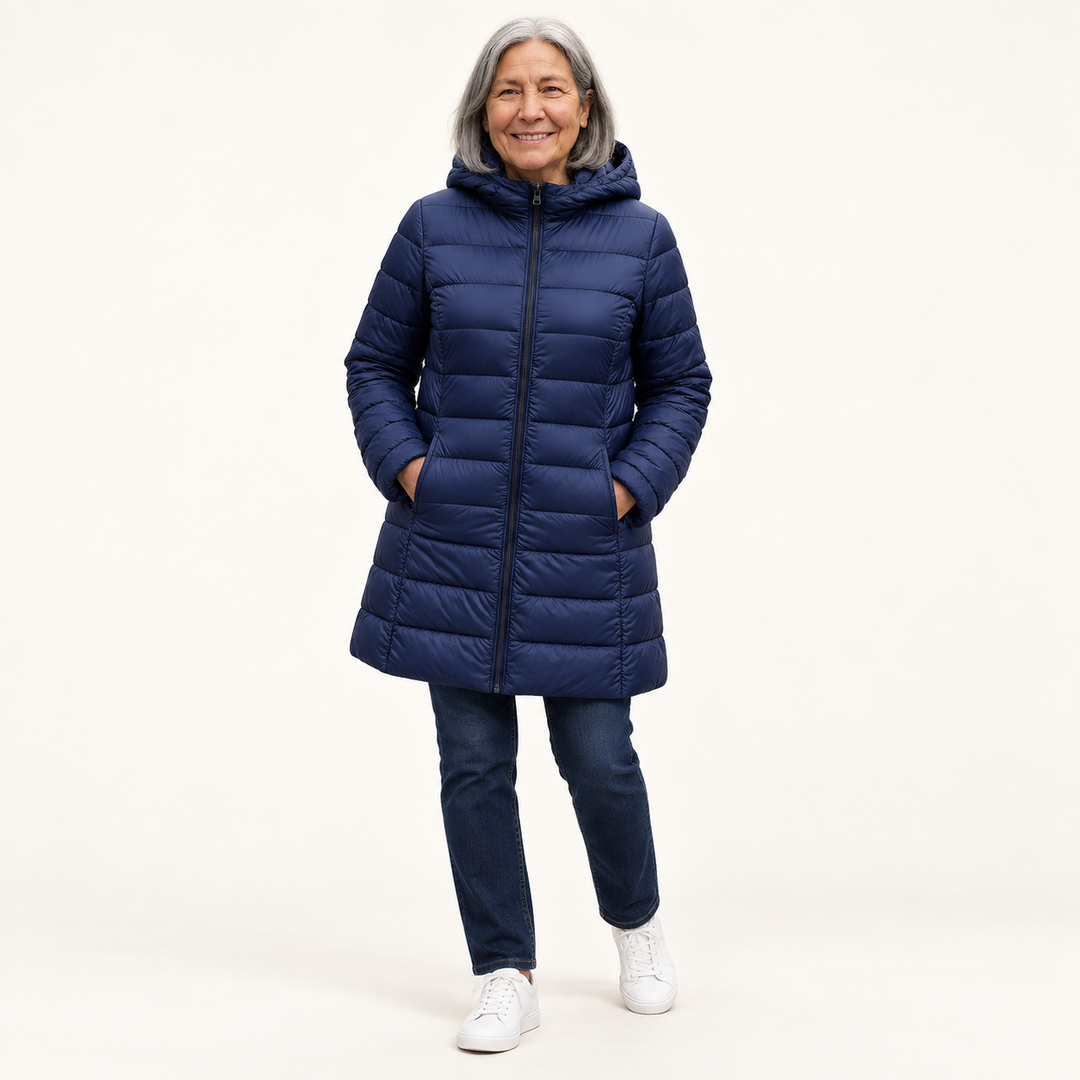 HELSA Navy Blue padded jacket — clean studio context on mature model