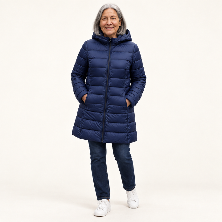 HELSA Navy Blue padded jacket — clean studio context on mature model