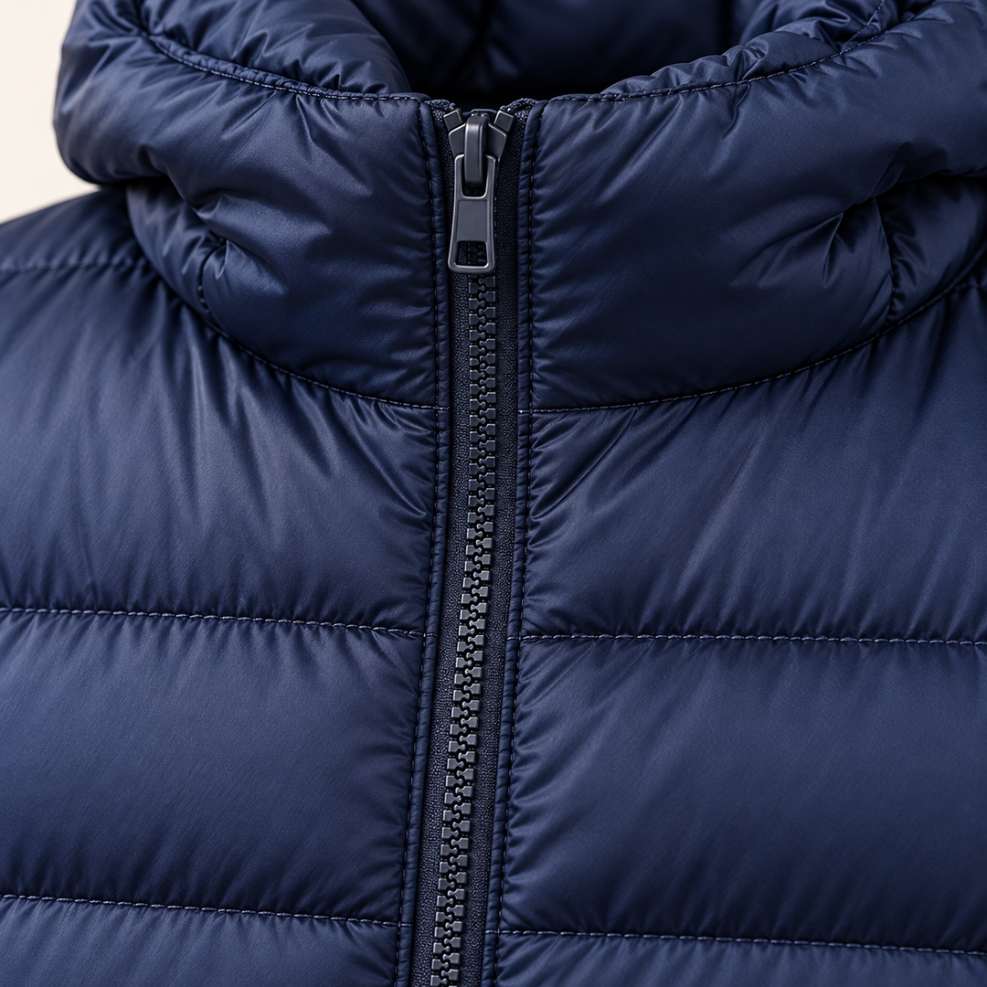 HELSA Navy Blue padded jacket fabric, quilting and zip close-up