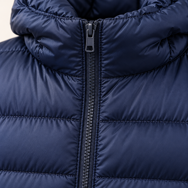HELSA Navy Blue padded jacket fabric, quilting and zip close-up