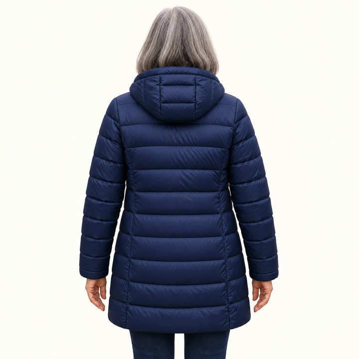 HELSA Navy Blue padded jacket — inferred back view on mature model