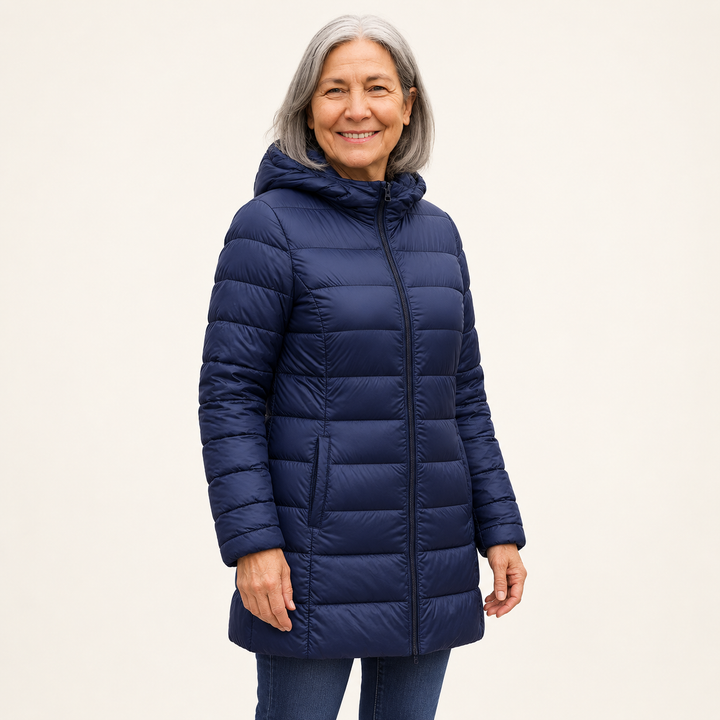 HELSA Navy Blue padded jacket on mature British model, three-quarter view