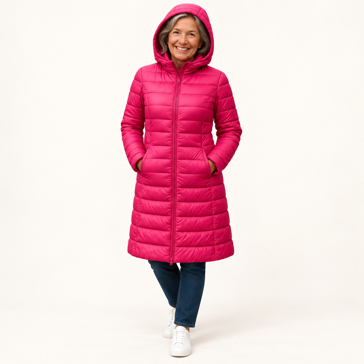 HELSA Pink padded jacket — clean studio context on mature model