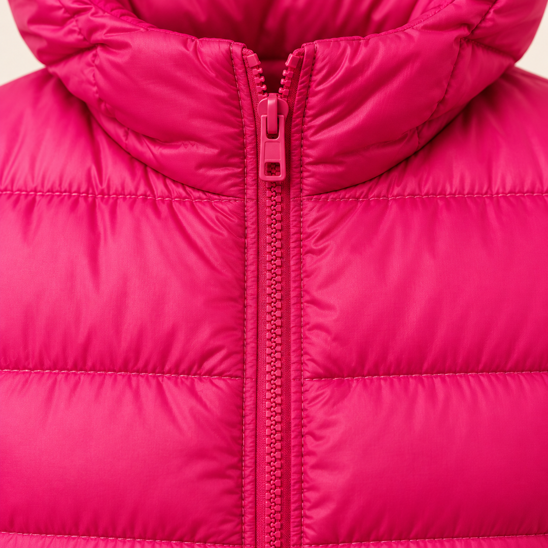 HELSA Pink padded jacket fabric, quilting and zip close-up