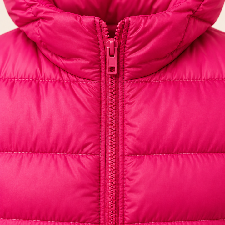 HELSA Pink padded jacket fabric, quilting and zip close-up