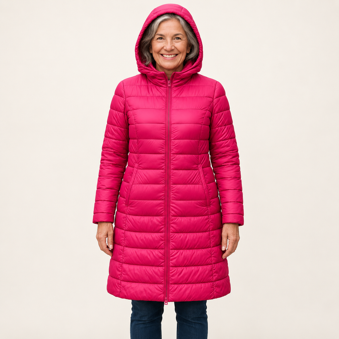Mature British woman wearing the HELSA Pink padded jacket on a clean warm off-white studio background