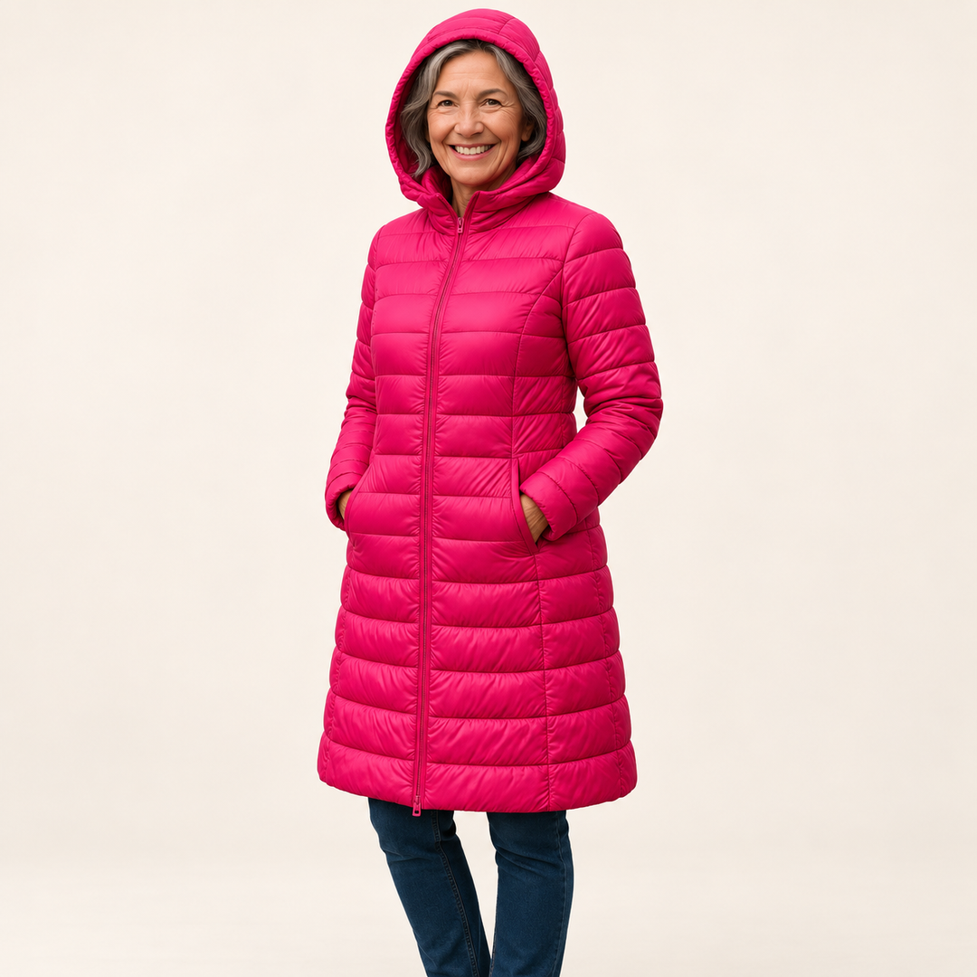 HELSA Pink padded jacket on mature British model, three-quarter view