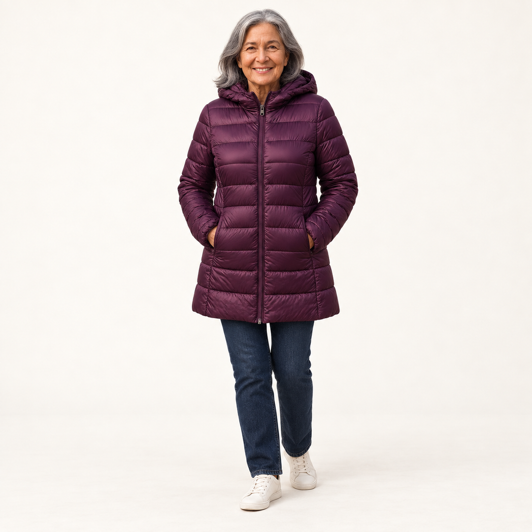 HELSA Purple padded jacket — clean studio context on mature model