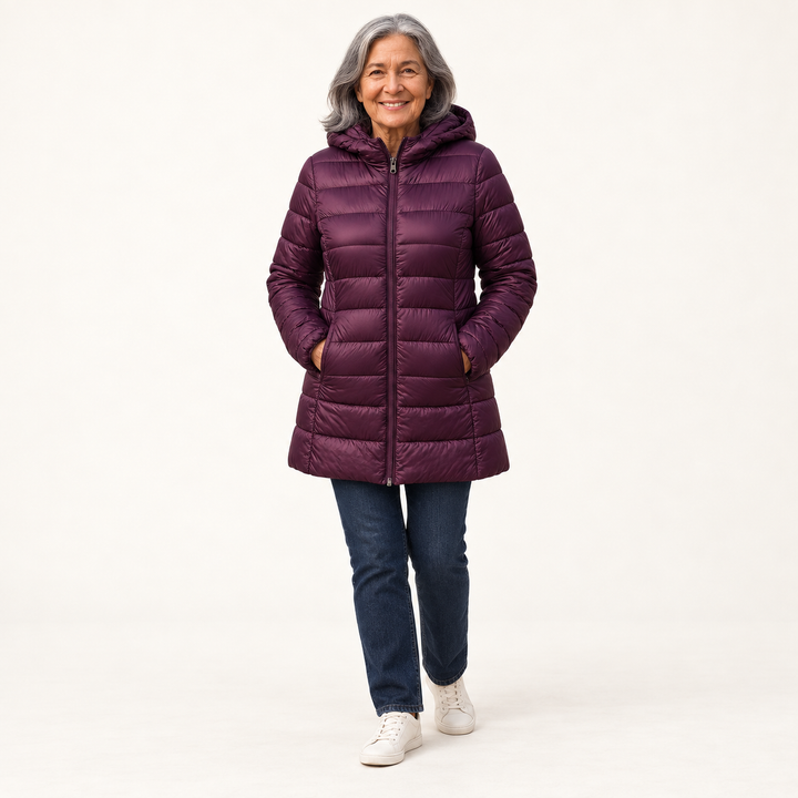 HELSA Purple padded jacket — clean studio context on mature model