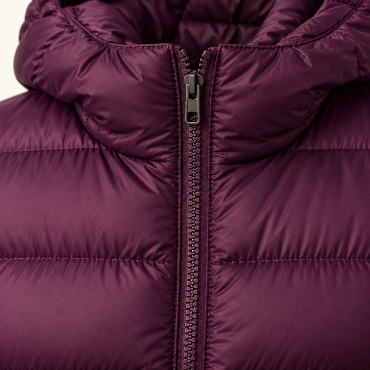 HELSA Purple padded jacket fabric, quilting and zip close-up