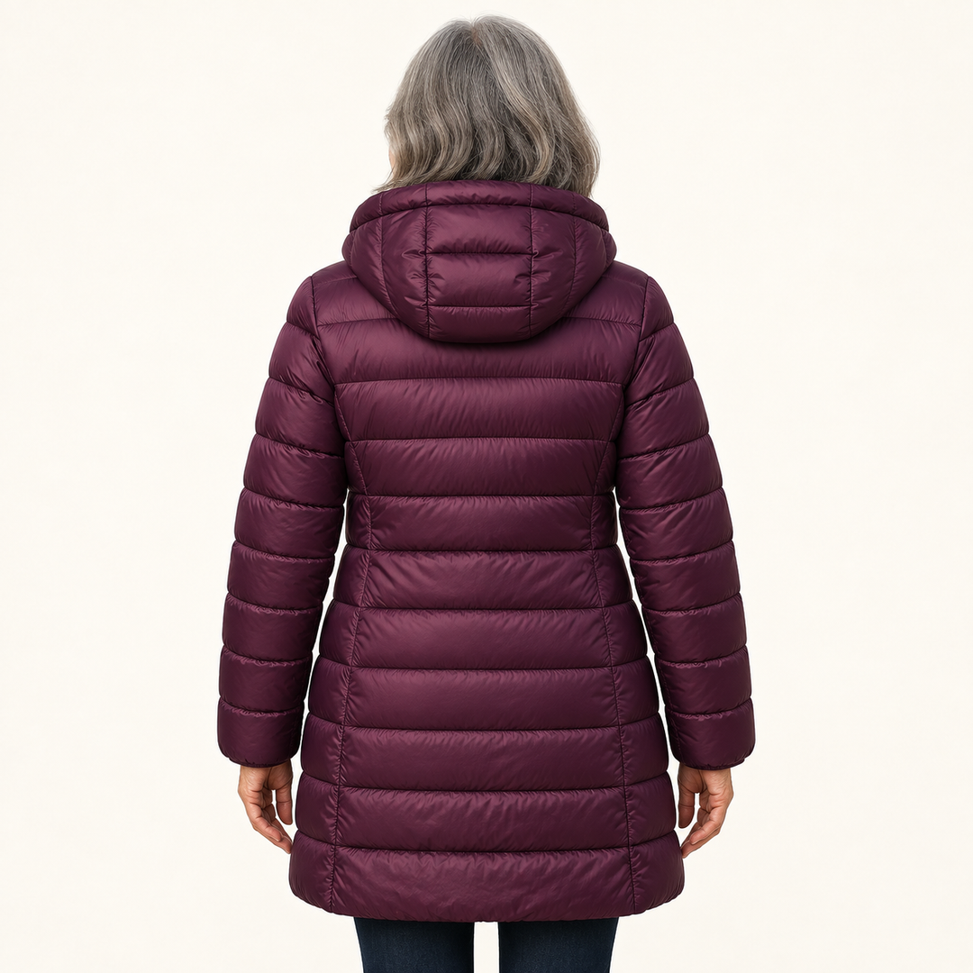 HELSA Purple padded jacket — inferred back view on mature model