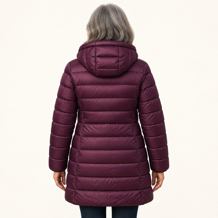 HELSA Purple padded jacket — inferred back view on mature model