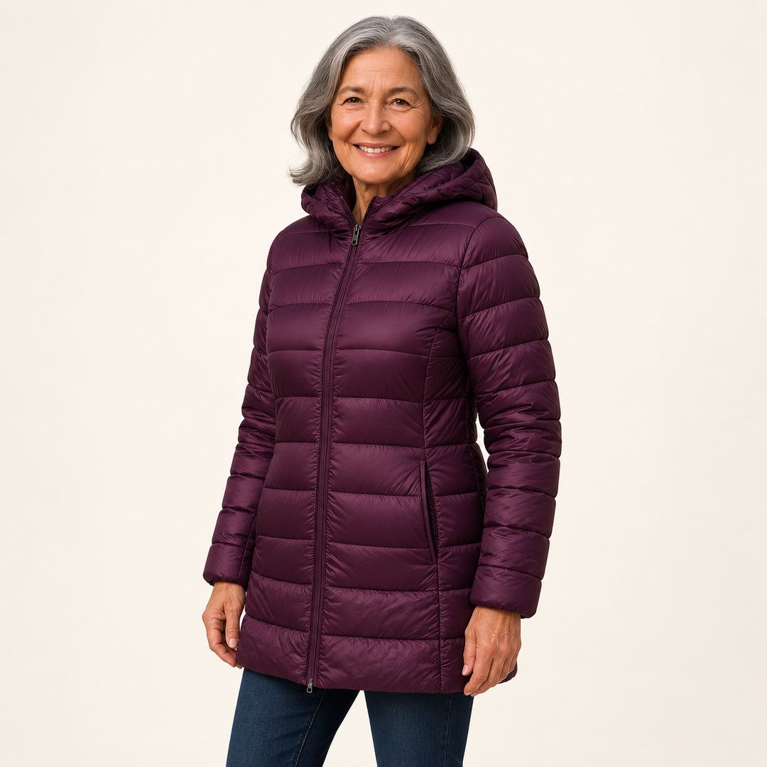 HELSA Purple padded jacket on mature British model, three-quarter view