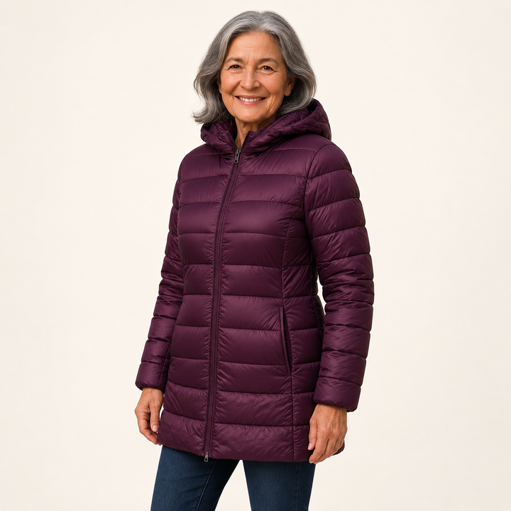 HELSA Purple padded jacket on mature British model, three-quarter view