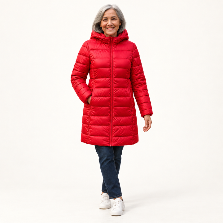 HELSA Red padded jacket — clean studio context on mature model
