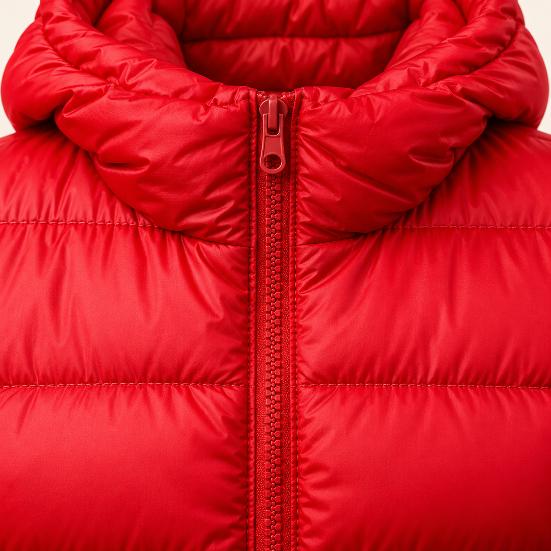 HELSA Red padded jacket fabric, quilting and zip close-up