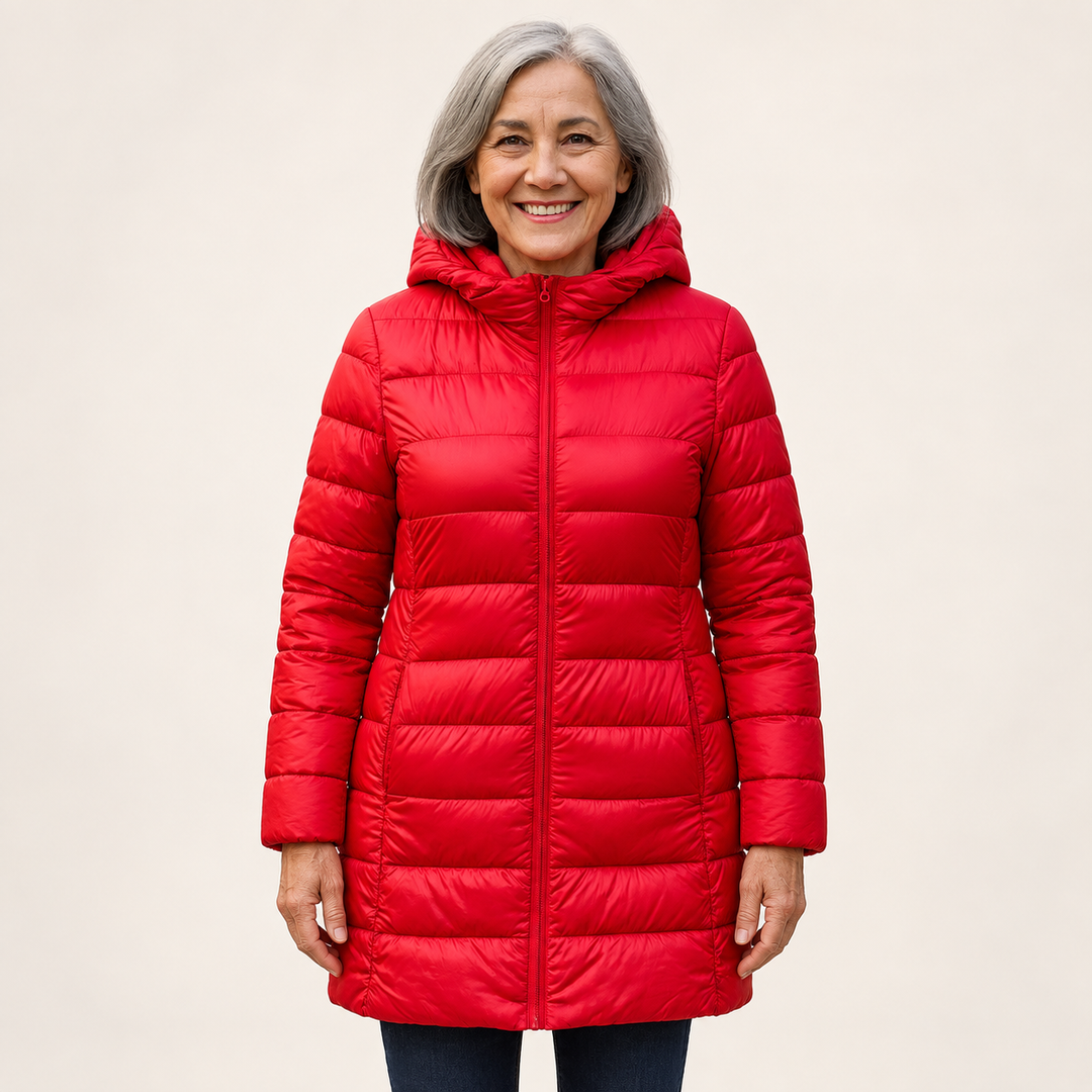 Mature British woman wearing the HELSA Red padded jacket on a clean warm off-white studio background