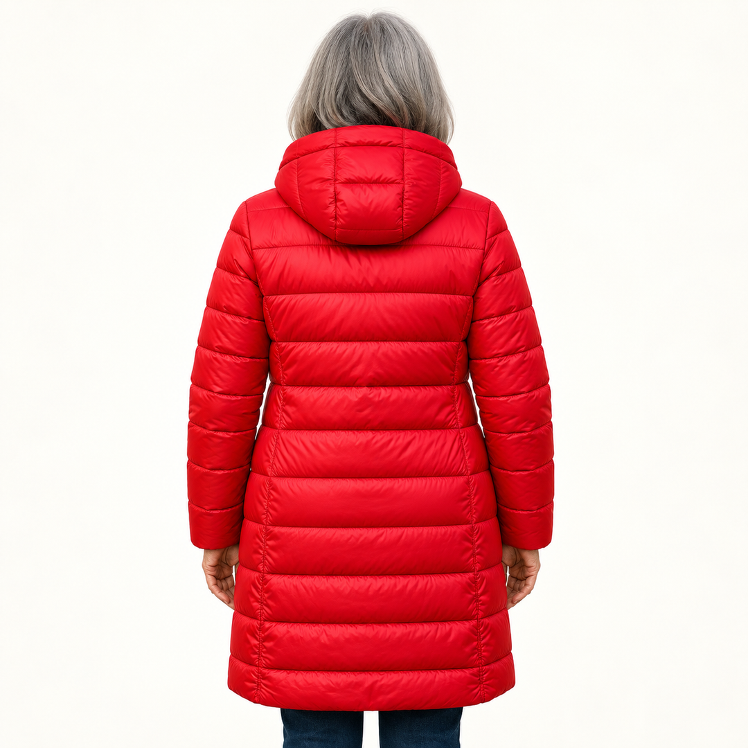 HELSA Red padded jacket — inferred back view on mature model