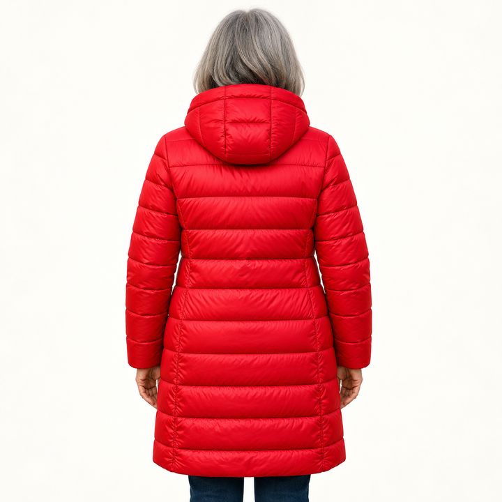 HELSA Red padded jacket — inferred back view on mature model